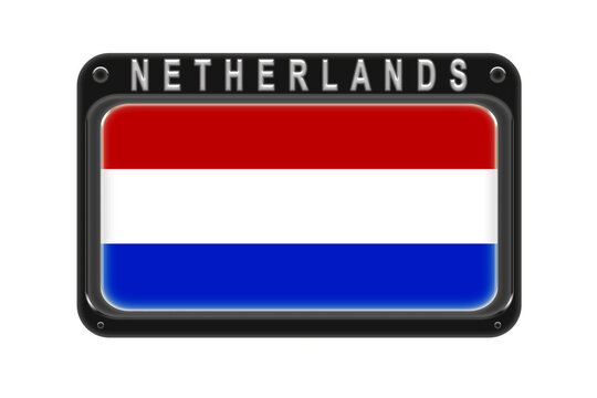 The flag of Netherlands in the frame with rivets on white background