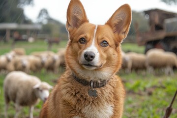 A Red and White Corgi Dog Looks Directly at the Camera While Standing in a Field With Sheep