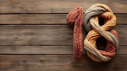 A soft, knitted number "18" made from yarn in warm, earthy tones, with a cozy, handmade texture, set against a rustic wooden background.