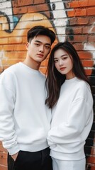 A young Asian couple stands close together in trendy white sweatshirts, smiling against a colorful graffiti background in an urban setting