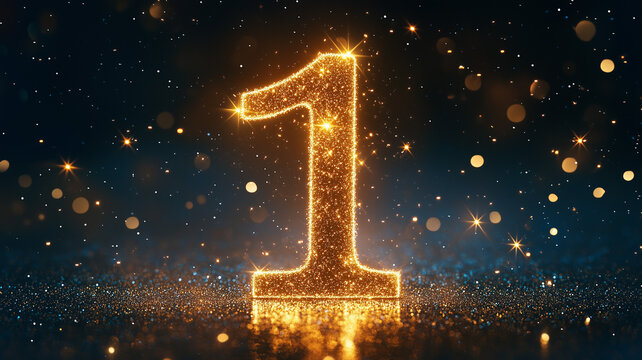 Golden sparkles forming the shape of the number "1" against a dark, starry night sky. The design is rich in contrast, with bright, glowing edges that make the number stand out.