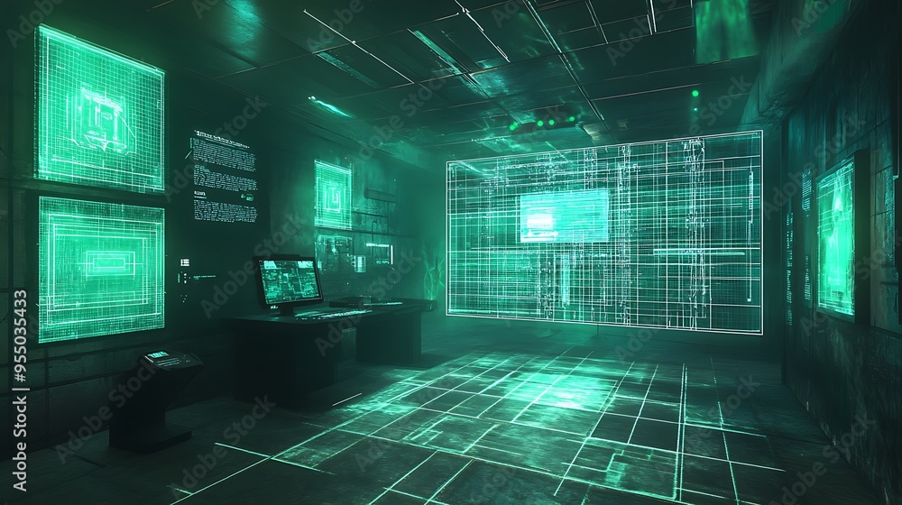 Poster futuristic virtual reality environment featuring immersive experiences and advanced ai technology.