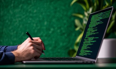 programmer working on laptop with green screen and code - software development, coding, technology, programming, website design