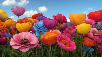A vibrant field of colorful flowers blooming under a clear blue sky, showcasing nature's beauty and diversity in spring.