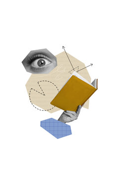 Vertical creative composite 3d photo collage of excited human eye look at book in arm learn geometry isolated on baige color background
