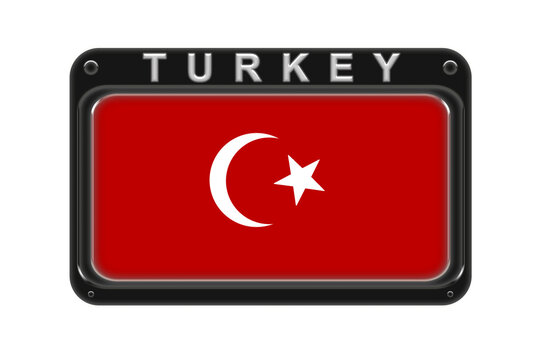 The flag of Turkey in the frame with rivets on white background