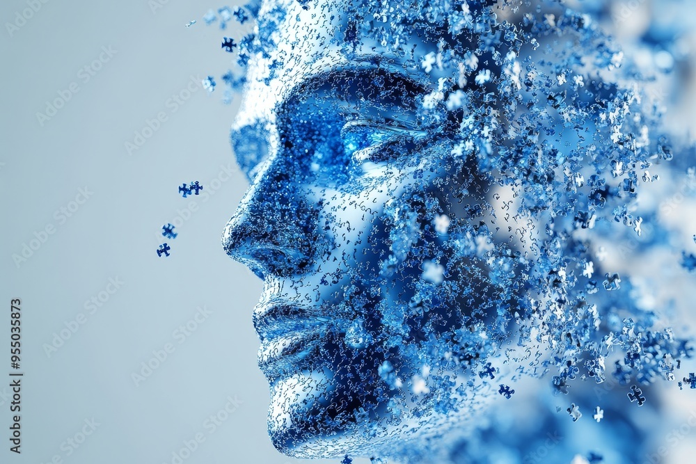 Poster theory of mind cognitive development abstract digital face composed of blue particles disintegrating