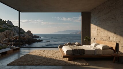 Minimalist Modern Bedroom by a Rocky Shoreline
