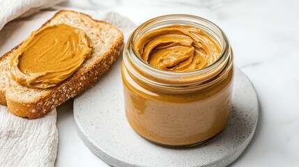 Delicious peanut butter spread on a fresh slice of bread, perfect for breakfast or a tasty snack. Creamy and rich in flavor.