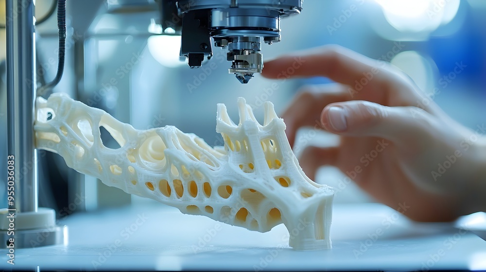 Poster advanced 3d printer constructing bio-mimetic prosthetic limb with detailed layer-by-layer