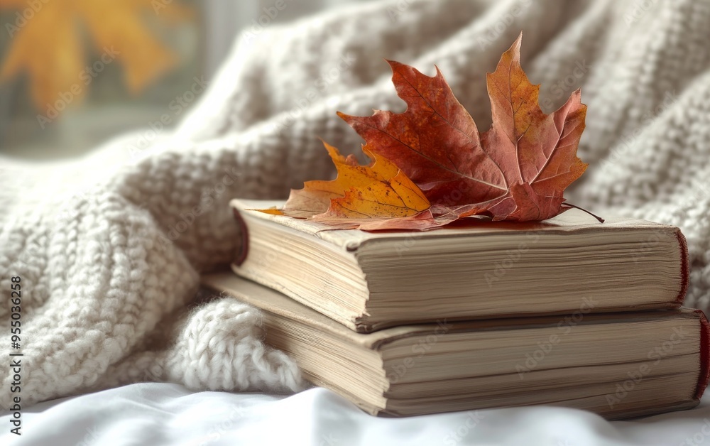 Poster a stack of old books with autumn leaves placed between pages, set on a simple white table with a sof
