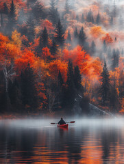 Fototapeta premium Ethereal Autumn Morning at White Monster Lake: Kayaker Paddles Through Foggy Landscape