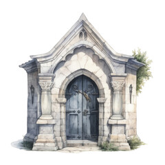 Stone Archway with Double Doors and a Stone Building