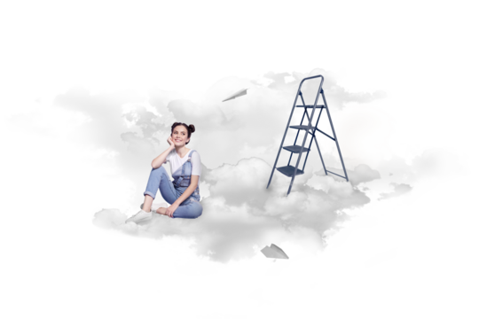 Creative photo illustration collage of dream imagination cute woman sitting inside sky clouds ladder future isolated on blue background