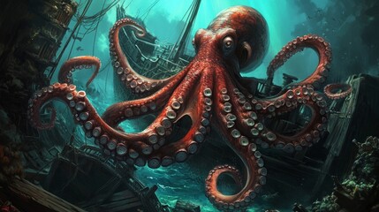 Obraz premium A vibrant octopus amidst a sunken shipwreck, showcasing underwater life and exploration.