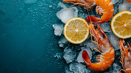 Top View of Fresh Seafood on Ice with Lemon Slices