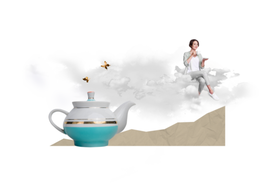 Photo composition illustration picture collage of young girl relaxed drink tasty english tea porcelain cup isolated on clouds background