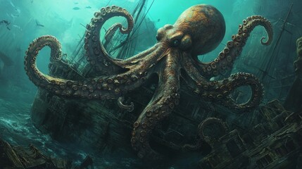 Fototapeta premium A giant octopus looms over a sunken ship in a mysterious underwater scene.