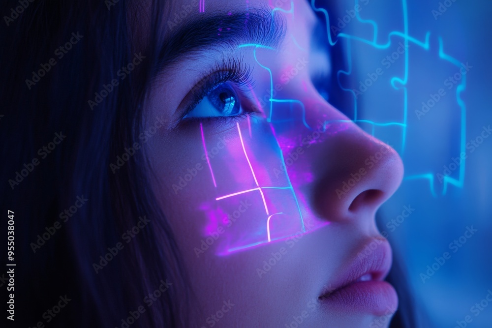 Poster cortical synchronization cognitive development futuristic woman with digital puzzle overlay on her f