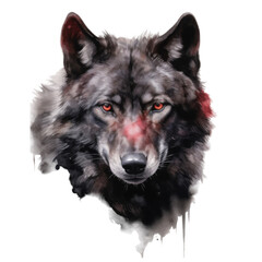 A Close-up Watercolor Painting of a Wolf's Face with Red Eyes