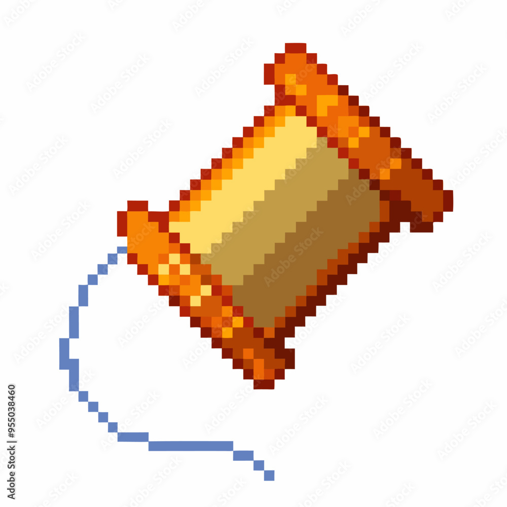 Poster pixel art spool of thread with blue string in classic retro style