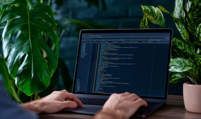programmer working on website code on laptop with green plants in background - closeup of hands typing on keyboard - web development concept.