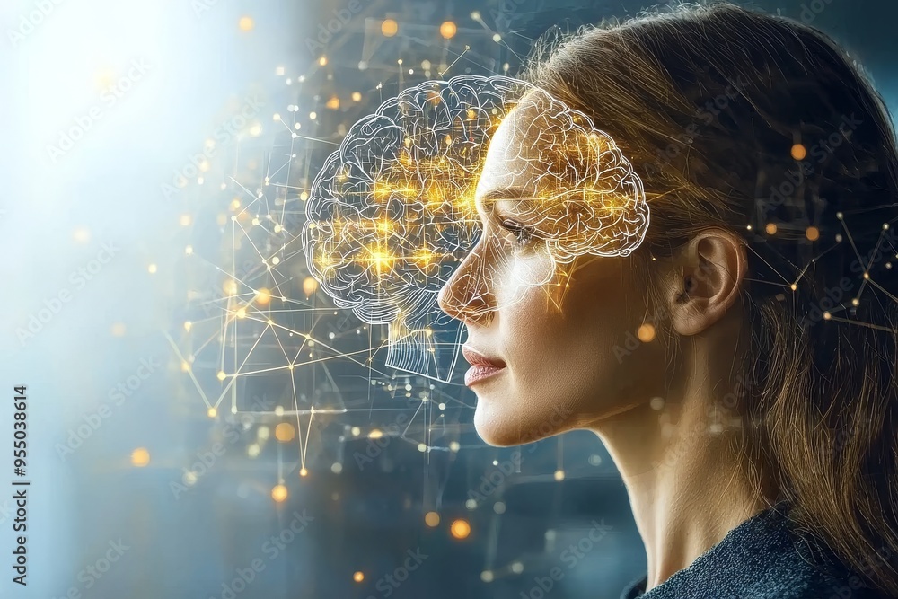 Poster brainwave synchronization cognitive development woman with a glowing neural network on her head symb