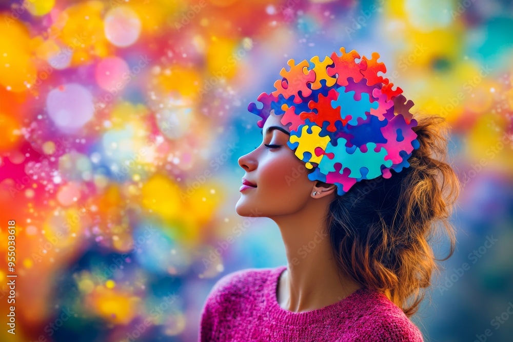 Poster neurophysiological coupling cognitive development side profile of a woman with vibrant array of puzz