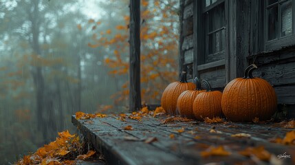 Obraz premium Autumn Harvest Delight: Group of Pumpkins on Rustic Porch in Misty Fall Setting