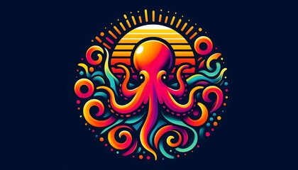 Naklejka premium Colorful Octopus Sunset Illustration Graphic Design