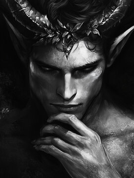 close up portrait of a dark fae man with horns in black and white illustration - generative ai