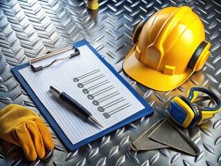 A clipboard holds a comprehensive checklist for inspecting industrial machinery and equipment, with pens and safety gear laid out on a reflective metal surface nearby.