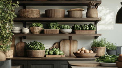 Fototapeta premium Rustic Pantry with Wooden Shelves Filled with Fresh Produce