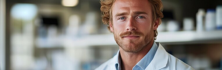 Fototapeta premium Confident Male Scientist Posed in Vivid Laboratory Setting