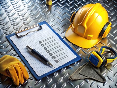 A clipboard holds a comprehensive checklist for inspecting industrial machinery and equipment, with pens and safety gear laid out on a reflective metal surface nearby.