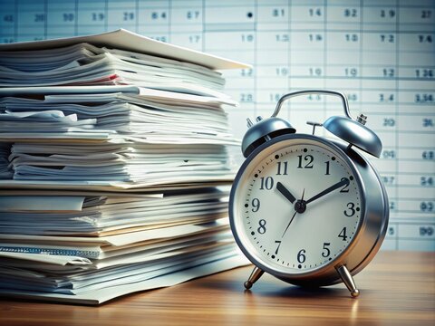 A clock and calendar surround a neglected pile of paperwork, highlighting the consequences of procrastination as deadlines loom and time runs out for filing taxes.