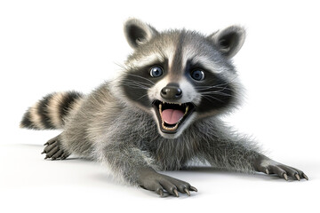 Obraz premium Energetic raccoon with a cheerful expression, wide eyes, and open mouth, ready for fun on a white background.