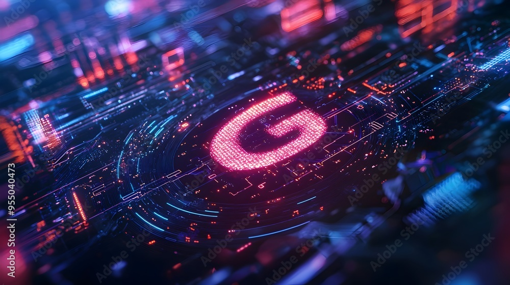 Poster futuristic 6g network system with glowing data streams and nodes