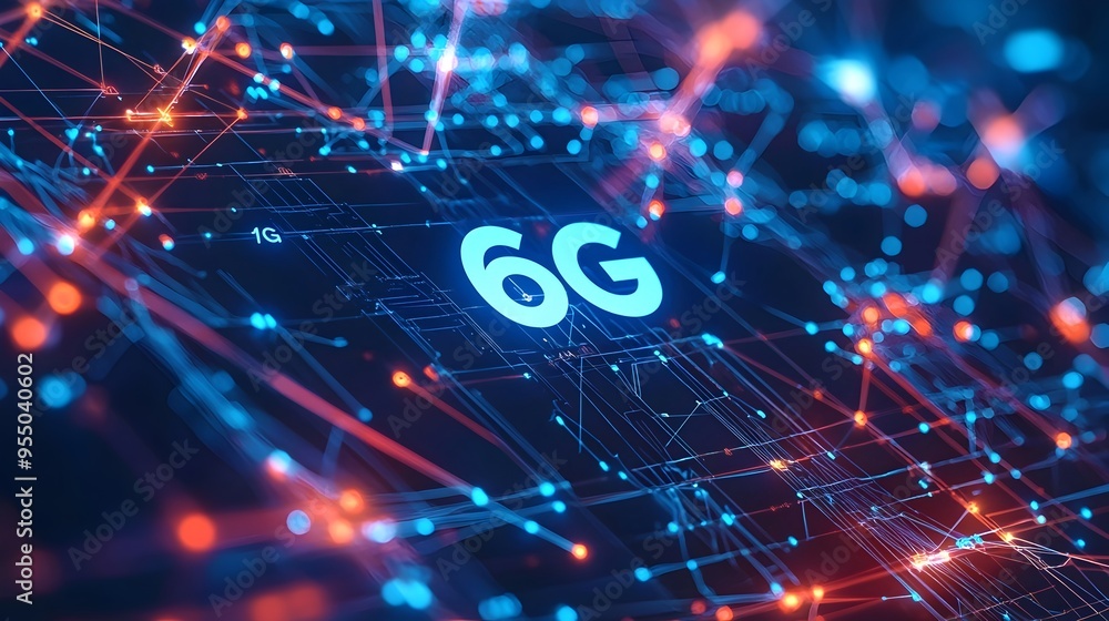Aufkleber futuristic 6g technology concept with digital network grid and interconnected devices