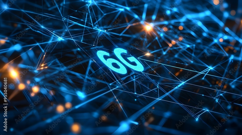 Poster bold 6g text floating in digital network grid with interconnected devices and bright blue lights
