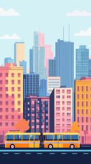 A Vibrant Cityscape: Two Yellow Buses Glide Through a Colorful Skyline