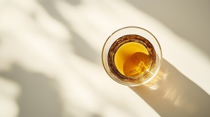 A close-up view of a glass filled with amber liquid resting on a light surface, illuminated by soft sunlight during the afternoon