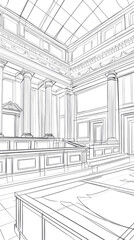 A Courtroom's Majesty: A Line Art Sketch Depicting the Grand Architecture of Justice
