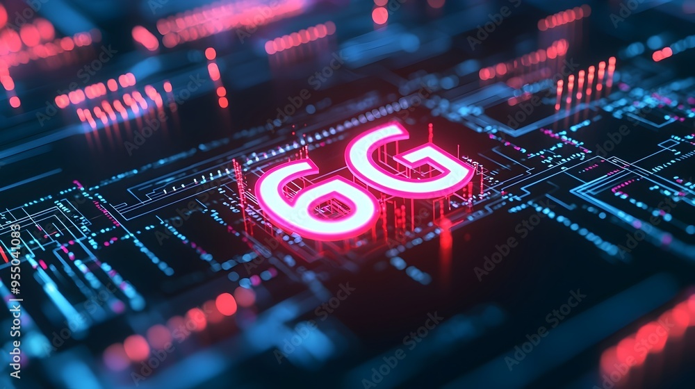 Aufkleber glowing 6g network concept with digital nodes and lines representing next-gen communication