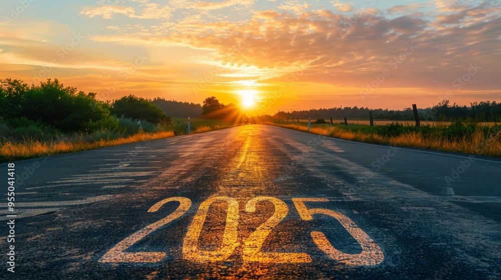 Poster a road with a sun setting in the background and the number 2025 written on it