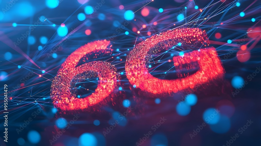 Aufkleber dynamic 3d 6g text with connecting digital lines and dots symbolizing next-gen network evolution
