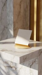 A sleek brochure mockup stands elegantly on a marble surface, bathed in warm light, showcasing its minimalist design effectively