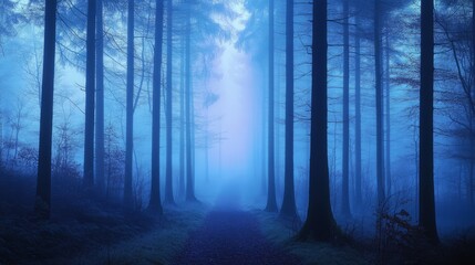 Fototapeta premium A mysterious path through a foggy blue forest.