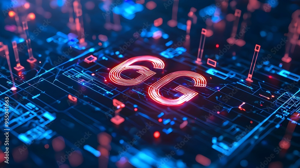 Poster ultra-fast 6g network with holographic data flows symbolizing next-gen connectivity