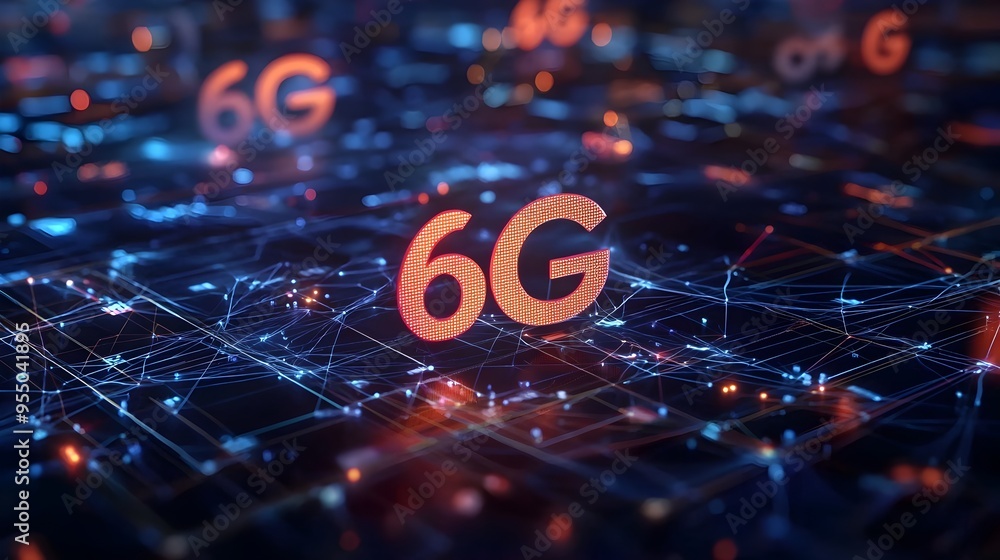 Aufkleber futuristic digital 6g network system with connected nodes and holographic data flows